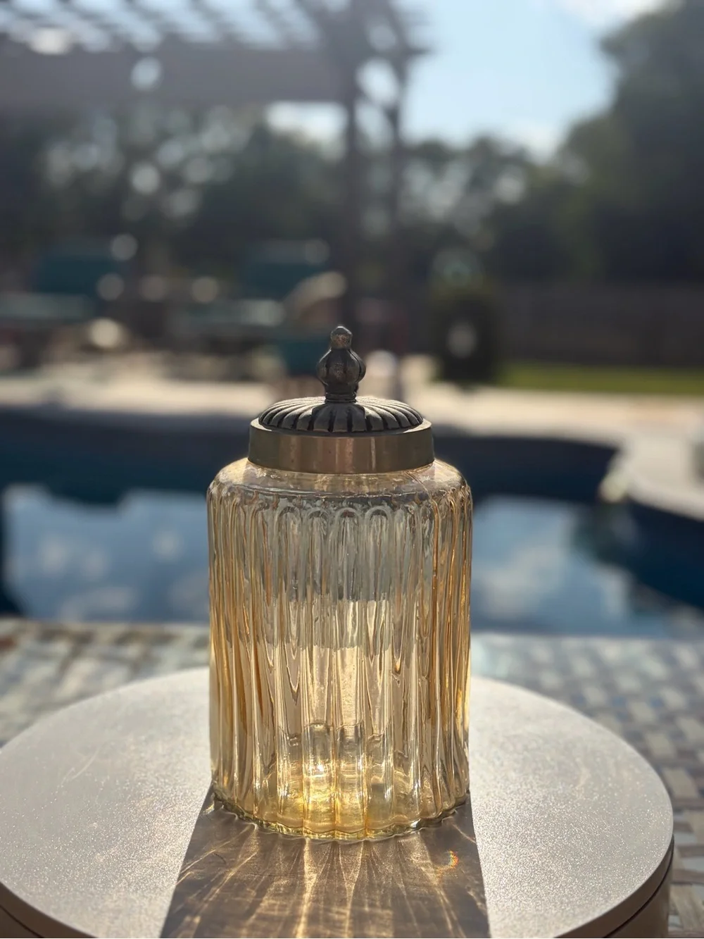 Decorative Amber Glass Jar with Ornate Metal Lid - Home Accents